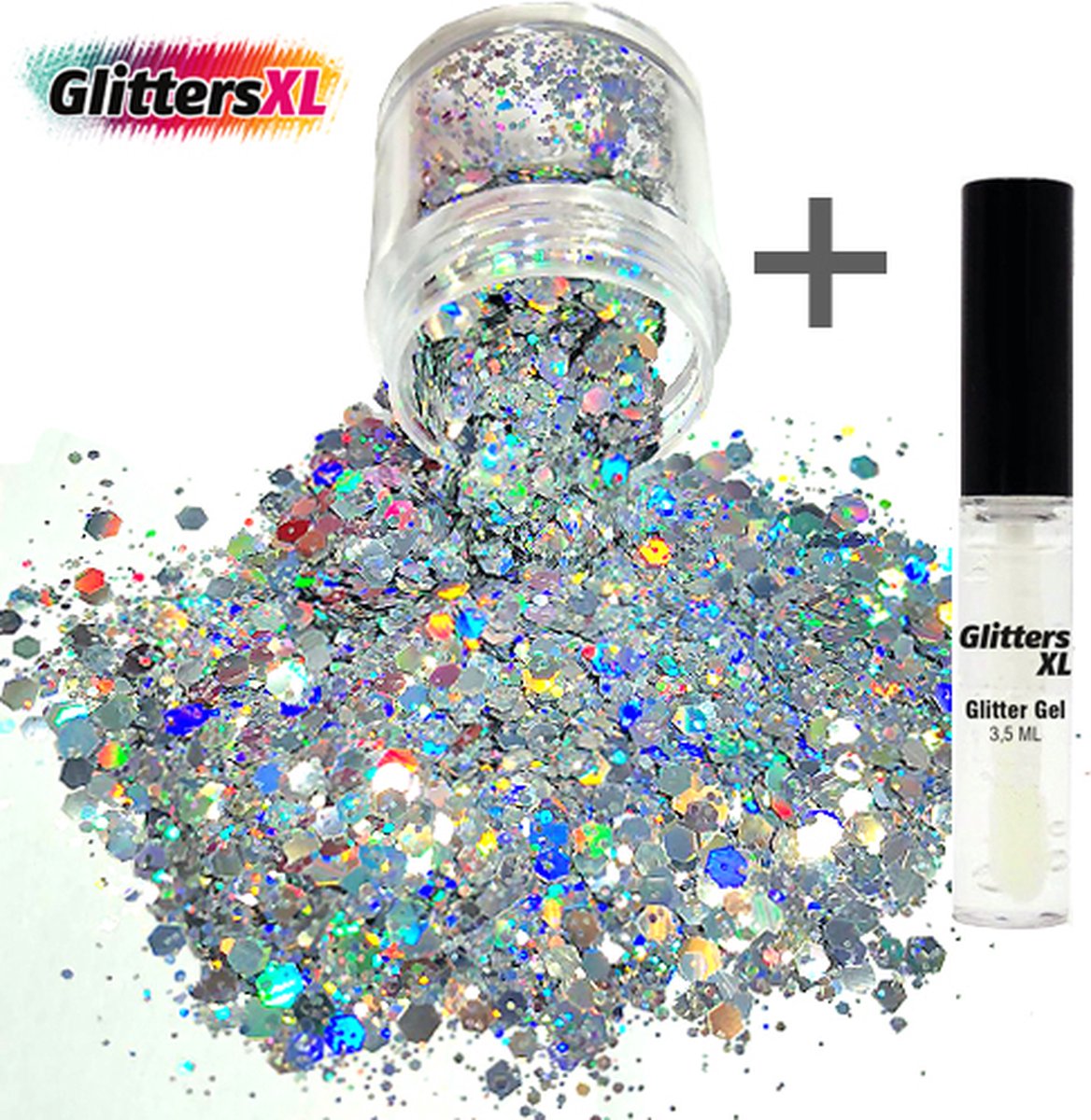 GlittersXL - Chunky Glitters (Zilver) (Volume 8g) + Glitter Huid Lijm [Festival Makeup Gezicht Lichaam - Face Body Glitter - Biologisch afbreekbaar - Versiering Dames Volwassen Kinderen]